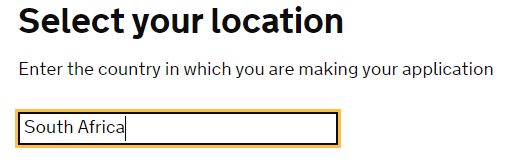 Selection screen for location you are in when applying for a UK visa